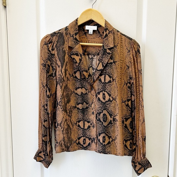 Topshop Snake Print Button-Up Shirt Blouse Brown and Black Size 4 - Picture 2 of 15